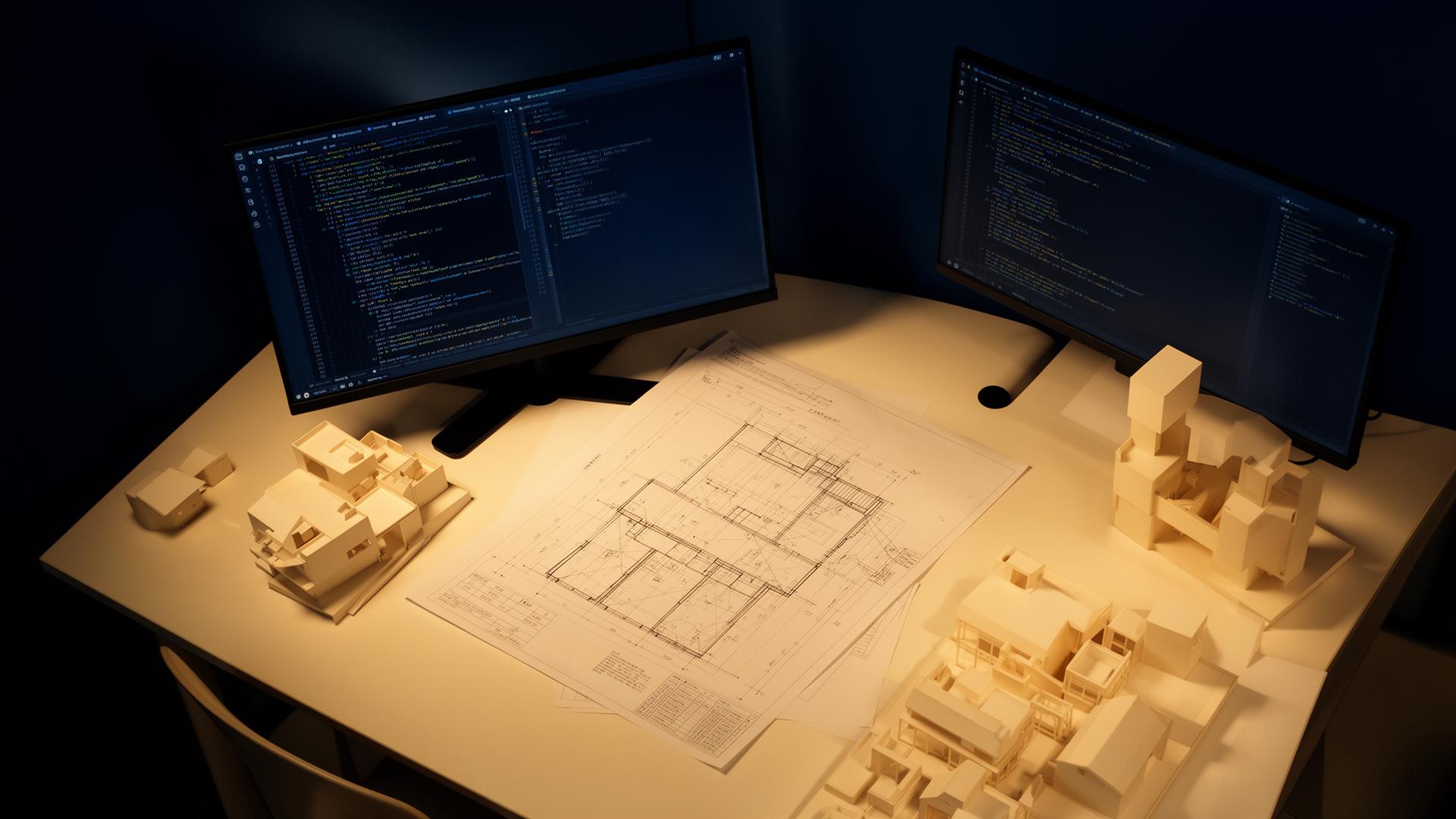Workspace criativo com código e protótipos
